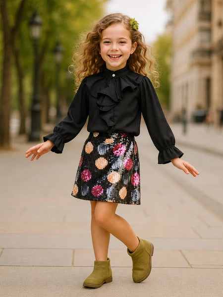 A young girl with curly hair stands on a city sidewalk wearing a black ruffled long-sleeve blouse and a black sequined skirt with colorful floral patterns, paired with olive green ankle boots.
