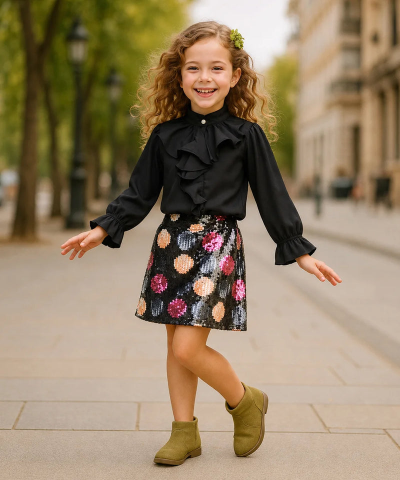 A young girl with curly hair stands on a city sidewalk wearing a black ruffled long-sleeve blouse and a black sequined skirt with colorful floral patterns, paired with olive green ankle boots.