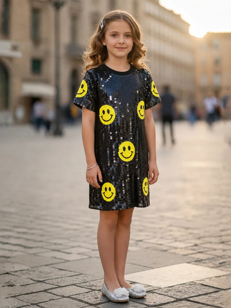 A young girl stands in a cobblestone street wearing a short-sleeve black sequined dress decorated with yellow smiley face prints, paired with white shoes.