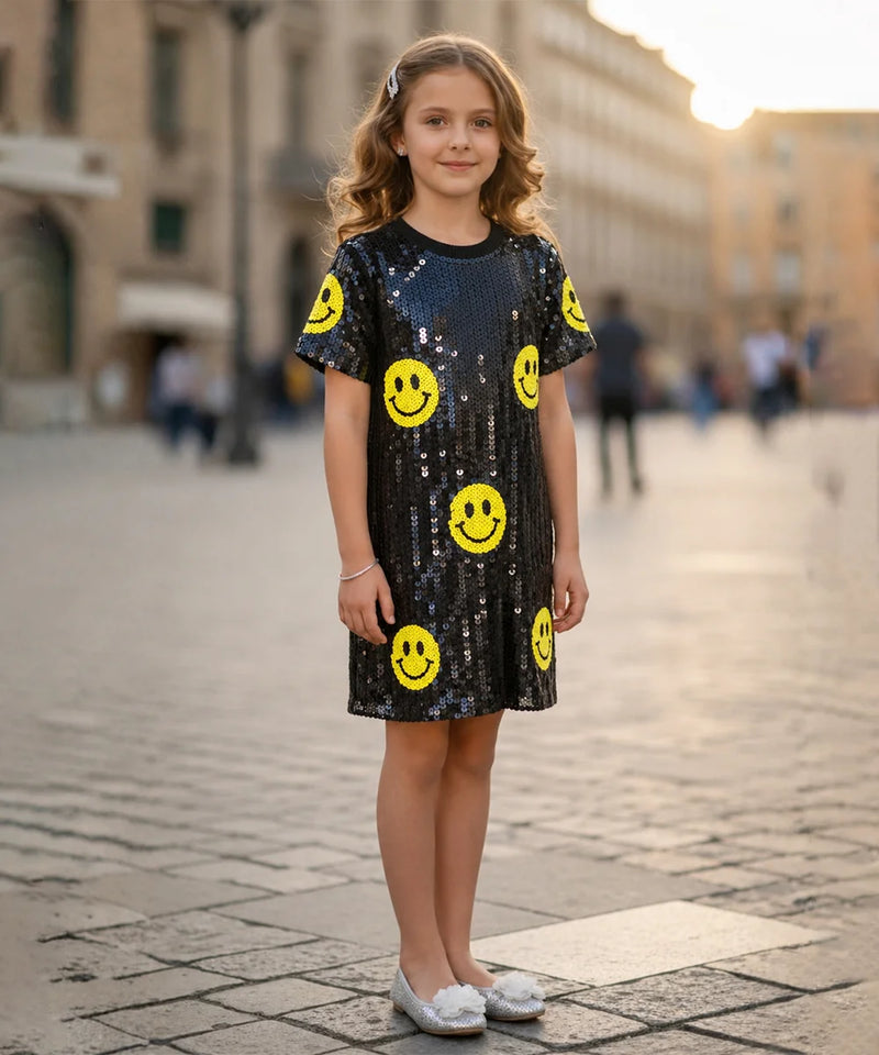 A young girl stands in a cobblestone street wearing a short-sleeve black sequined dress decorated with yellow smiley face prints, paired with white shoes.