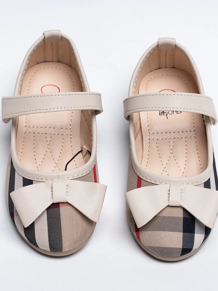 Beige checkered Mary Jane flats for girls with bow and strap, Jaipur, ages 1–8 years