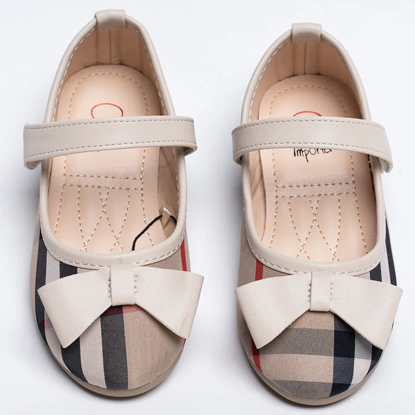 Beige checkered Mary Jane flats for girls with bow and strap, Jaipur, ages 1–8 years