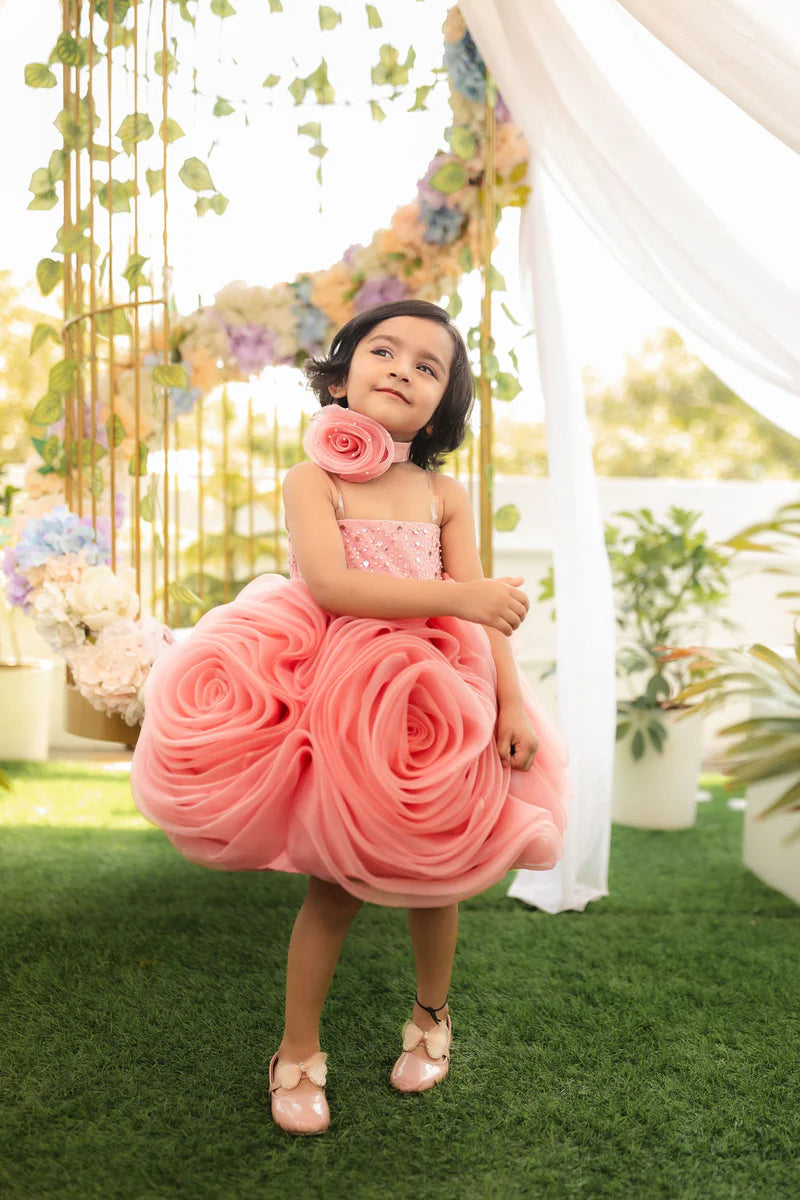It’s a beautiful peach coloured designer frock with a Big Rose Silhouette and a back zip closure.
