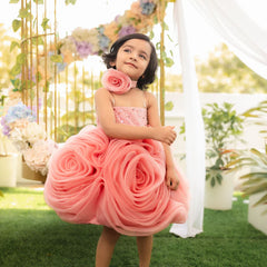 It’s a beautiful peach coloured designer frock with a Big Rose Silhouette and a back zip closure.