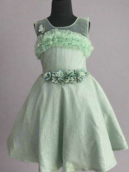 pista green party wear floral frock for girls 