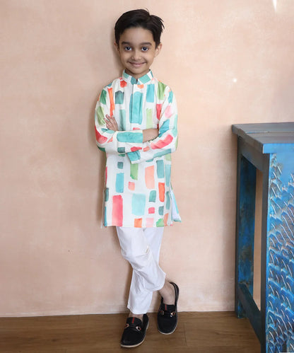  It consists of a multi-coloured kurta and a pyjama for ceremonies. It is the best boy's designer kurta-pyjama set.
