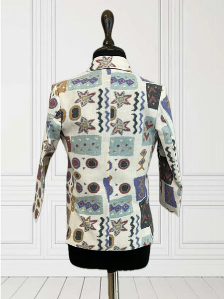 back view of casual printed blazer set for boys 