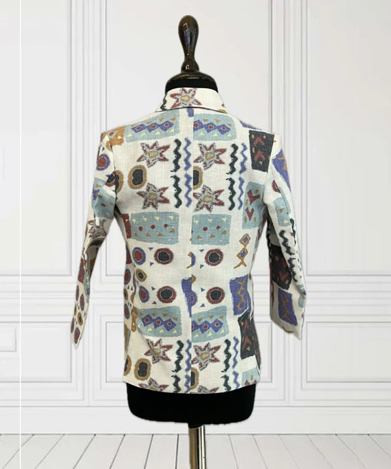 back view of casual printed blazer set for boys 