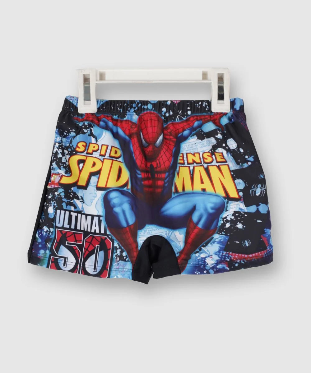 It's a Multi-Colored Spider-Man printed, kids' swim shorts with an elasticated waist for boys and is the best kids pool party dress online.