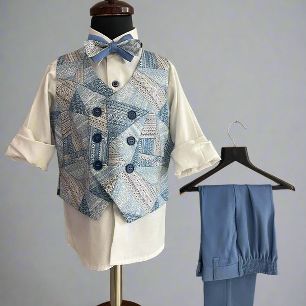 party wear printed waist coat paired with printed bow white shirt & blue pants for boys 