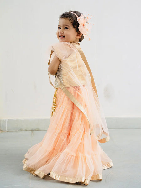 Embellished peach lehenga choli set for girls, best wedding kidswear Jaipur