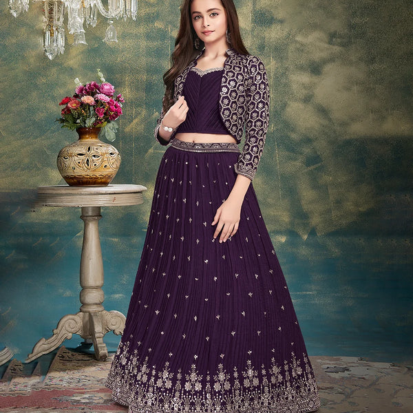 Wine purple heavy lehenga for girls with full sleeves embroidered jacket, readymade lehenga for kids in Jaipur