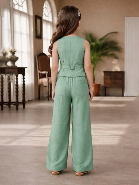 Woman wearing a green jumpsuit in a room with wooden floors and furniture.