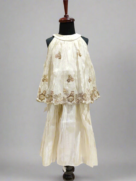 Designer cream kids palazzo suit with sequin embroidery, perfect for festive occasions