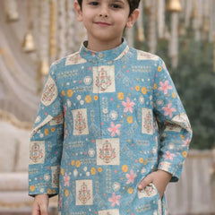 Child wearing a blue traditional outfit with floral and geometric patterns.