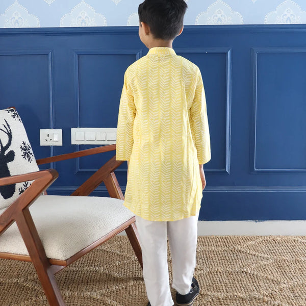 Summer-ready boys kurta pyjama, trendy yellow partywear in Jaipur