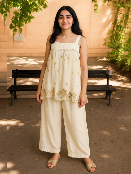 Woman in a cream-colored outfit standing outdoors with a bench and trees in the background
