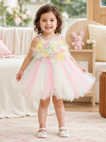 A young girl with curly brown hair stands in a cozy, sunlit room wearing a pastel rainbow flower and tulle tutu dress. The dress features a floral bodice with pastel yellow, green, blue, and pink flowers, supported by thin pastel rainbow straps, and a layered tulle skirt in pink, white, and light blue.
