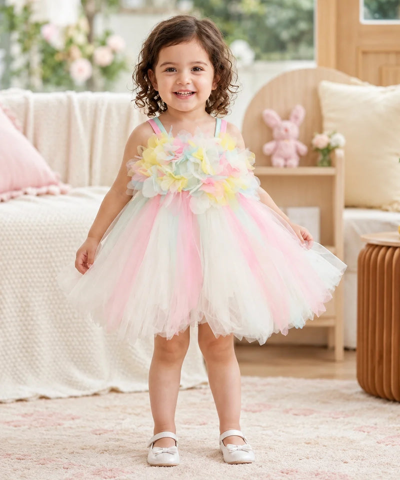 A young girl with curly brown hair stands in a cozy, sunlit room wearing a pastel rainbow flower and tulle tutu dress. The dress features a floral bodice with pastel yellow, green, blue, and pink flowers, supported by thin pastel rainbow straps, and a layered tulle skirt in pink, white, and light blue.