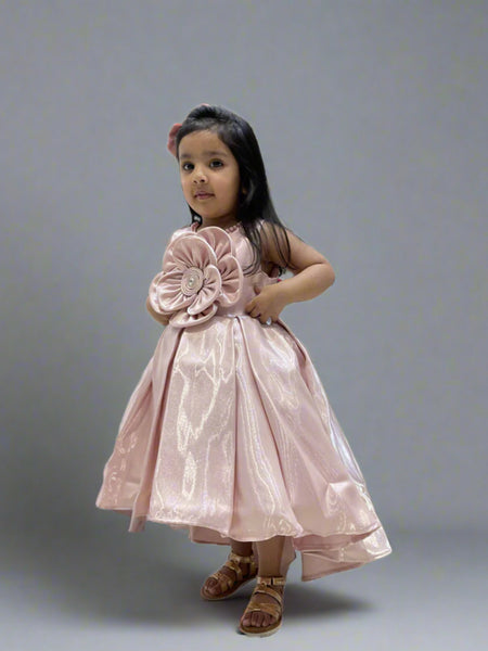 Designer peach party frock for girls with box pleats, best children’s wear shop Jaipur