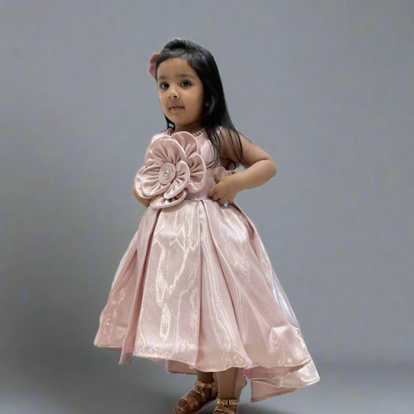 Designer peach party frock for girls with box pleats, best children’s wear shop Jaipur