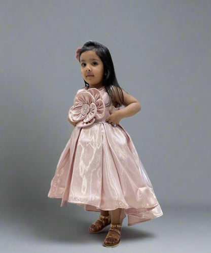 Designer peach party frock for girls with box pleats, best children’s wear shop Jaipur