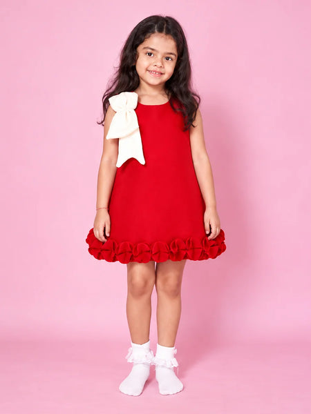 Girls' red ruffle-hem frock with cream bow, view 2