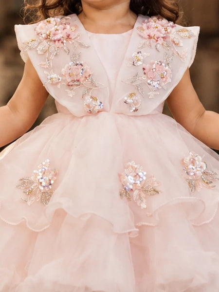 Baby girls' pink frock with rhinestone embroidery, view 2