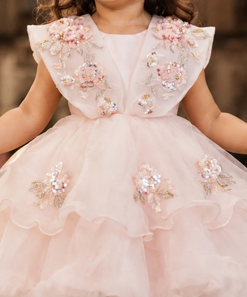 A young girl wearing a light pink ballgown with intricate floral embroidery and rhinestone embellishments on the bodice and skirt.
