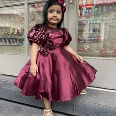 Fancy maroon frock for baby girls, puff sleeves, knee length, party dress