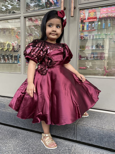 Fancy maroon frock for baby girls, puff sleeves, knee length, party dress