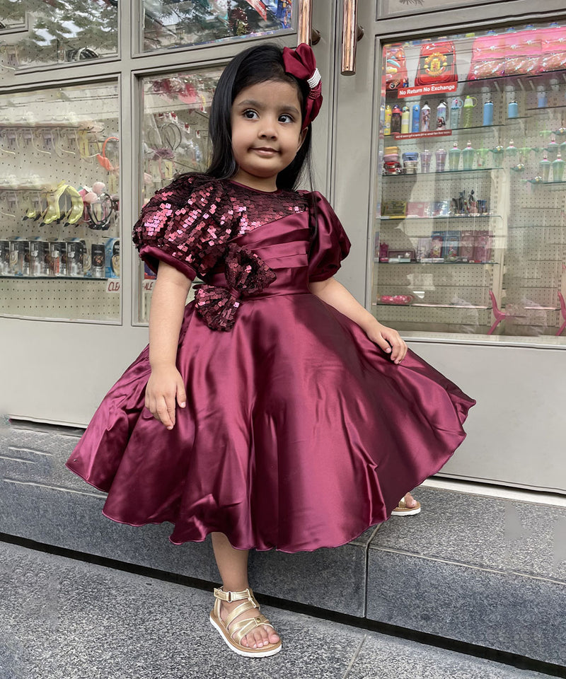 Fancy maroon frock for baby girls, puff sleeves, knee length, party dress