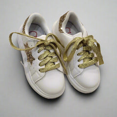 White girls' sneakers with gold glitter star and metallic laces, Jaipur, ages 1–8 years