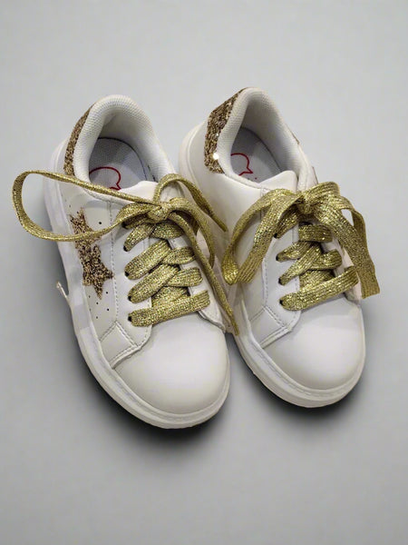 White girls' sneakers with gold glitter star and metallic laces, Jaipur, ages 1–8 years