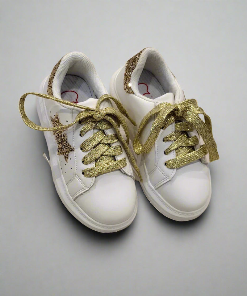 White girls' sneakers with gold glitter star and metallic laces, Jaipur, ages 1–8 years