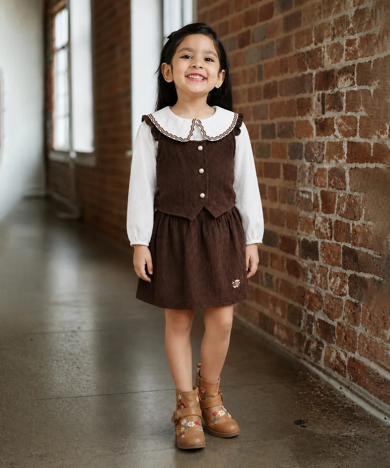 A young girl stands in a brick hallway wearing a brown corduroy pinafore-style dress over a white long-sleeve shirt, paired with tan lace-up ankle boots.