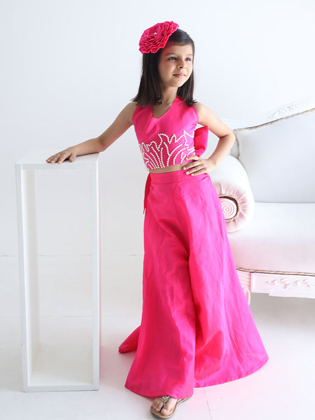 pre-order neon pink crop top with flared pants & hair accessories & a detachable bow for girls 