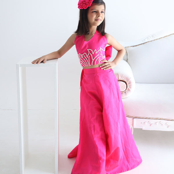 pre-order neon pink crop top with flared pants & hair accessories & a detachable bow for girls 