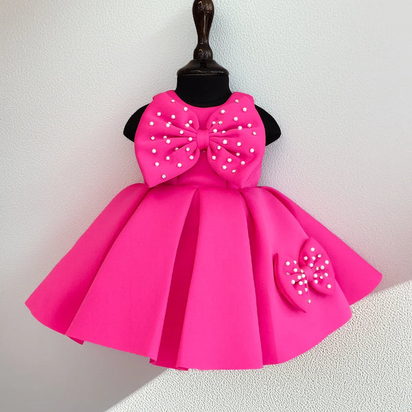 Pink bow birthday frock for girls, Jaipur kids fashion boutique