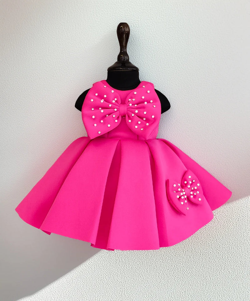 Pink bow birthday frock for girls, Jaipur kids fashion boutique