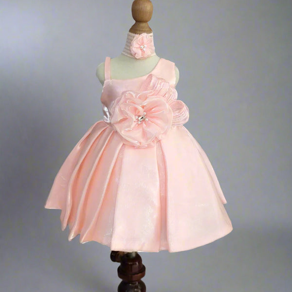 pink floral frock with hair accessory & bellies for baby girls 