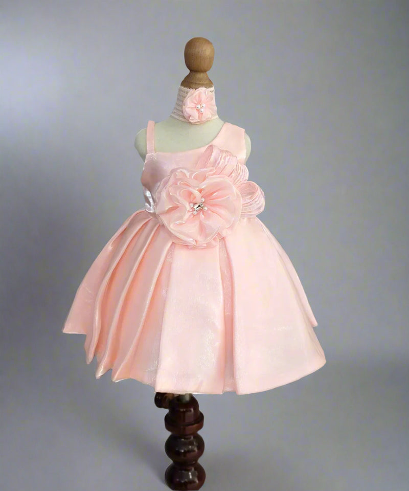 pink floral frock with hair accessory & bellies for baby girls 