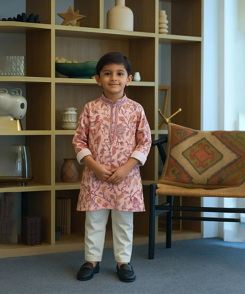 Floral print pink kurta pyjama for boys in Jaipur