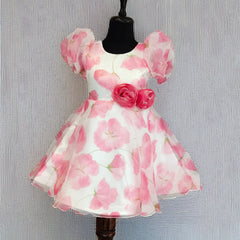 Floral birthday frock for girls, white chiffon, Jaipur kidswear boutique