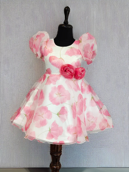 Floral birthday frock for girls, white chiffon, Jaipur kidswear boutique