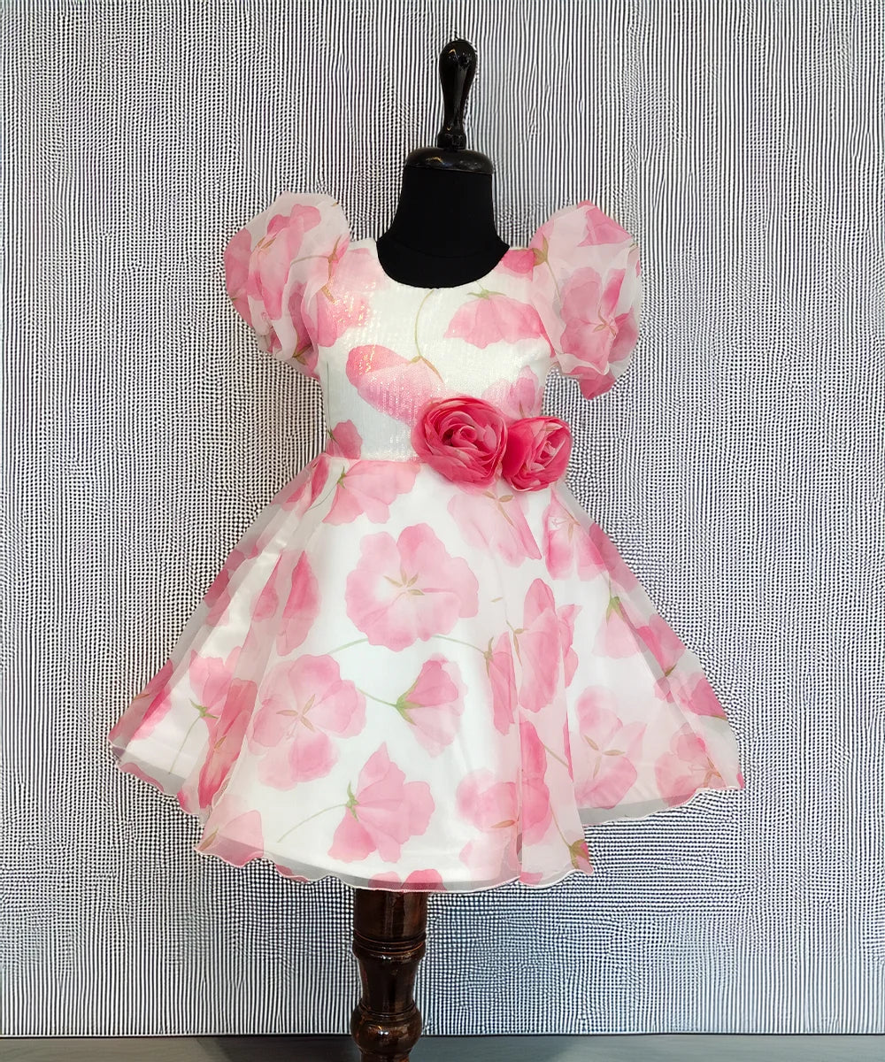 Floral birthday frock for girls, white chiffon, Jaipur kidswear boutique