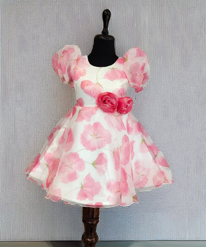 Floral birthday frock for girls, white chiffon, Jaipur kidswear boutique