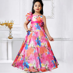Floral satin party wear gown for girls, one-shoulder ruffle, Jaipur