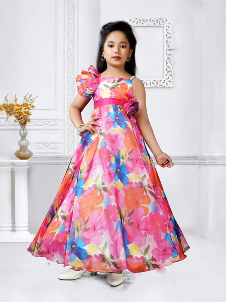 Floral satin party wear gown for girls, one-shoulder ruffle, Jaipur