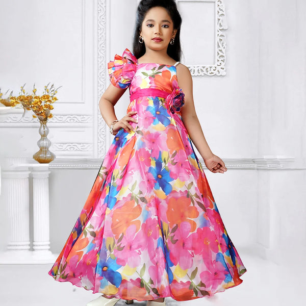 Floral satin party wear gown for girls, one-shoulder ruffle, Jaipur